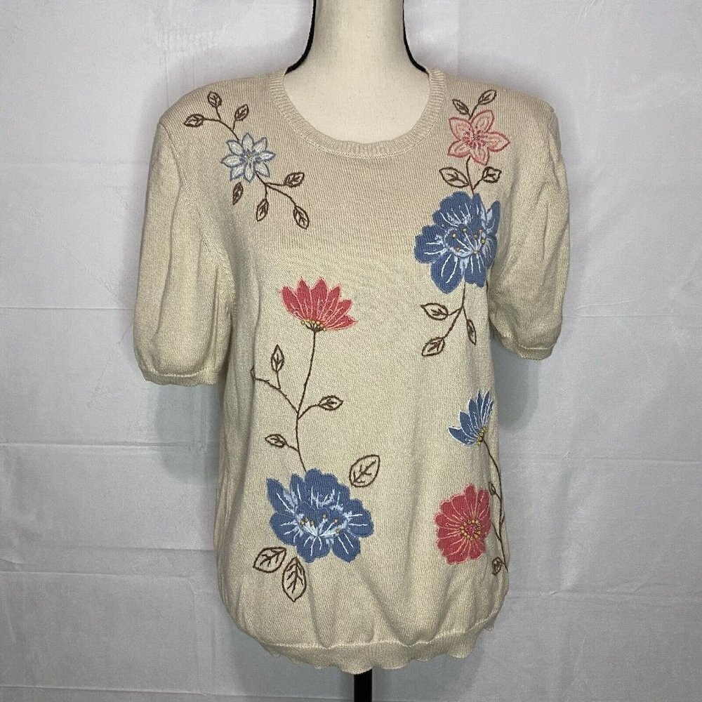 Alfred Dunner Women's Short-Sleeve Tan Floral Embroidered Sweater Size Medium